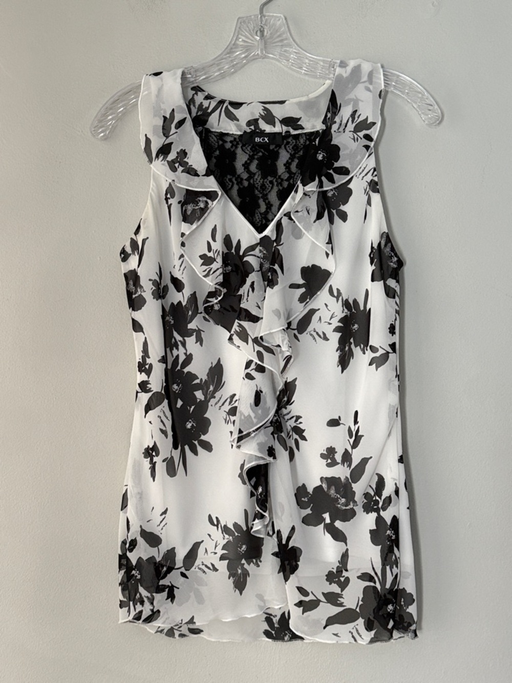BCX Floral Ruffle Lace-Trim Sleeveless Blouse Top Size M Black & White